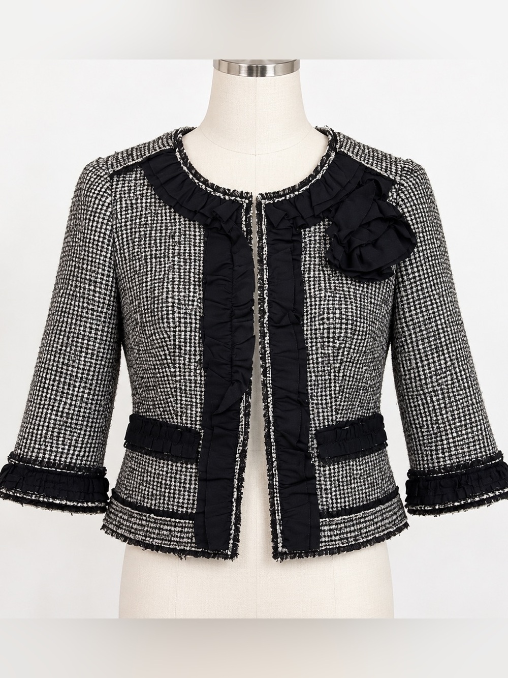 Ann Taylor Jacket Blazer Womens 12 Tweed Ruffle Floral Wool Black Gray